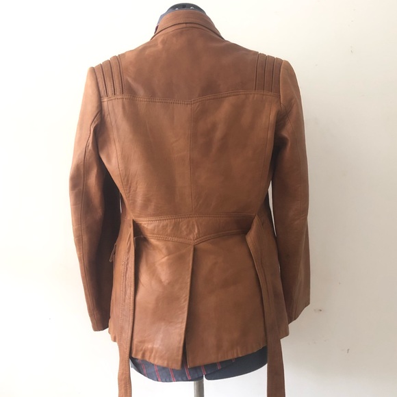 Vintage 70s Belted Leather Jacket Caramel Brown Leather Cognac Tailored Medium - Picture 7 of 16
